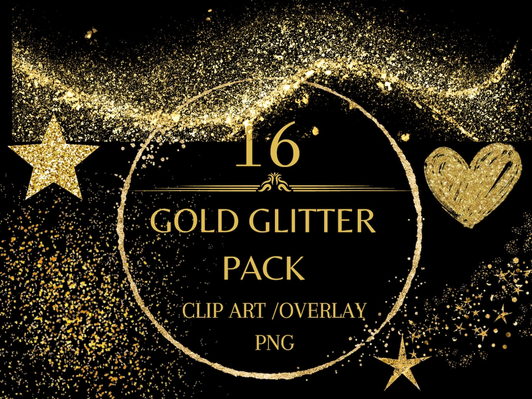 16 Piece Gold Glitter Clip Art Set PNG Against Transparent Background