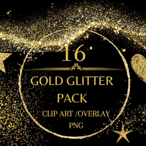 16 Piece Gold Glitter Clip Art Set PNG Against Transparent Background/High Resolution/Gold Glitter Sublimation Design