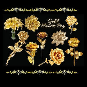 Gold Flower Clip Art, Beautiful Yellow Floral PNG, Digital Download, Transparent Background, Sublimation Images, Commercial Use Ok!