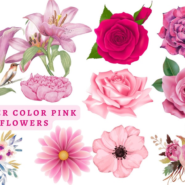 Pink Flowers Clip Art/Beautiful Pink Floral PNGs Digital Downloads Sublimation Images