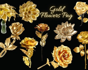 Gold Flowers Pack PNG/Beautiful Gold Flower PNG Digital Download Only/Transparent Background Clip Art Sublimation Images