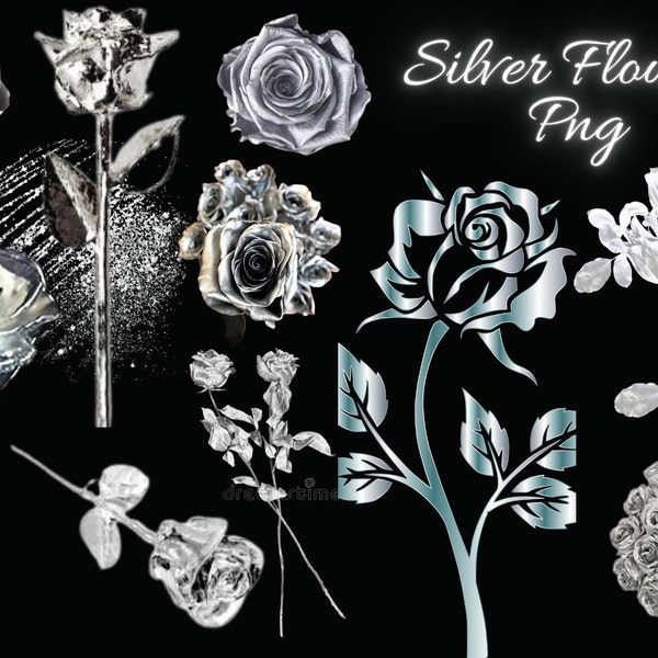 Wedding Silver Roses Pack PNG/Beautiful Silver Flowers PNG Digital Download Only/Transparent Background Clip Art Sublimation Images