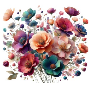 Pacote PNG de flores silvestres 3D, CINCO clipart de flores silvestres em aquarela 3D SVG, fundo transparente, todos os projetos, uso comercial ok!
