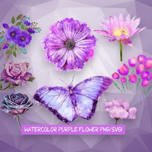Flor morada SVG, Flor morada de acuarela PNG, Solo descarga digital, Clip Art, Imágenes de sublimación, ¡Uso comercial aceptable!