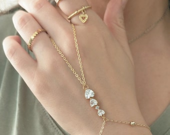 Wasserdichtes Armband mit goldener Handkette, Strass-Armband mit Handkette, Handketten, Herz-Handkette, Gold-Handkette, EDELSTAHL