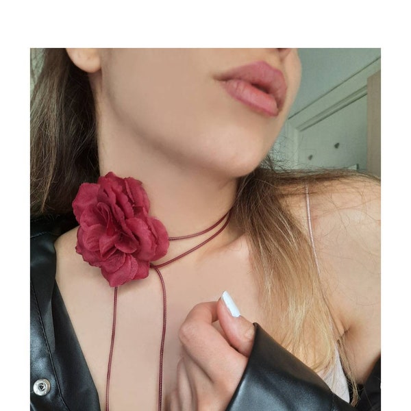 Flower Choker Necklace, Burgundy Rose Necklace, Chokers, Jewelry