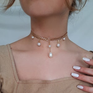 Gold Choker Necklace, Chokers, Pearl, Jewelry, Stainless image 1