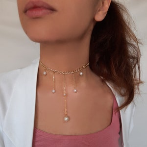 Collier ras du cou en or, chokers, bijoux, perles, chaîne en acier inoxydable plaqué or