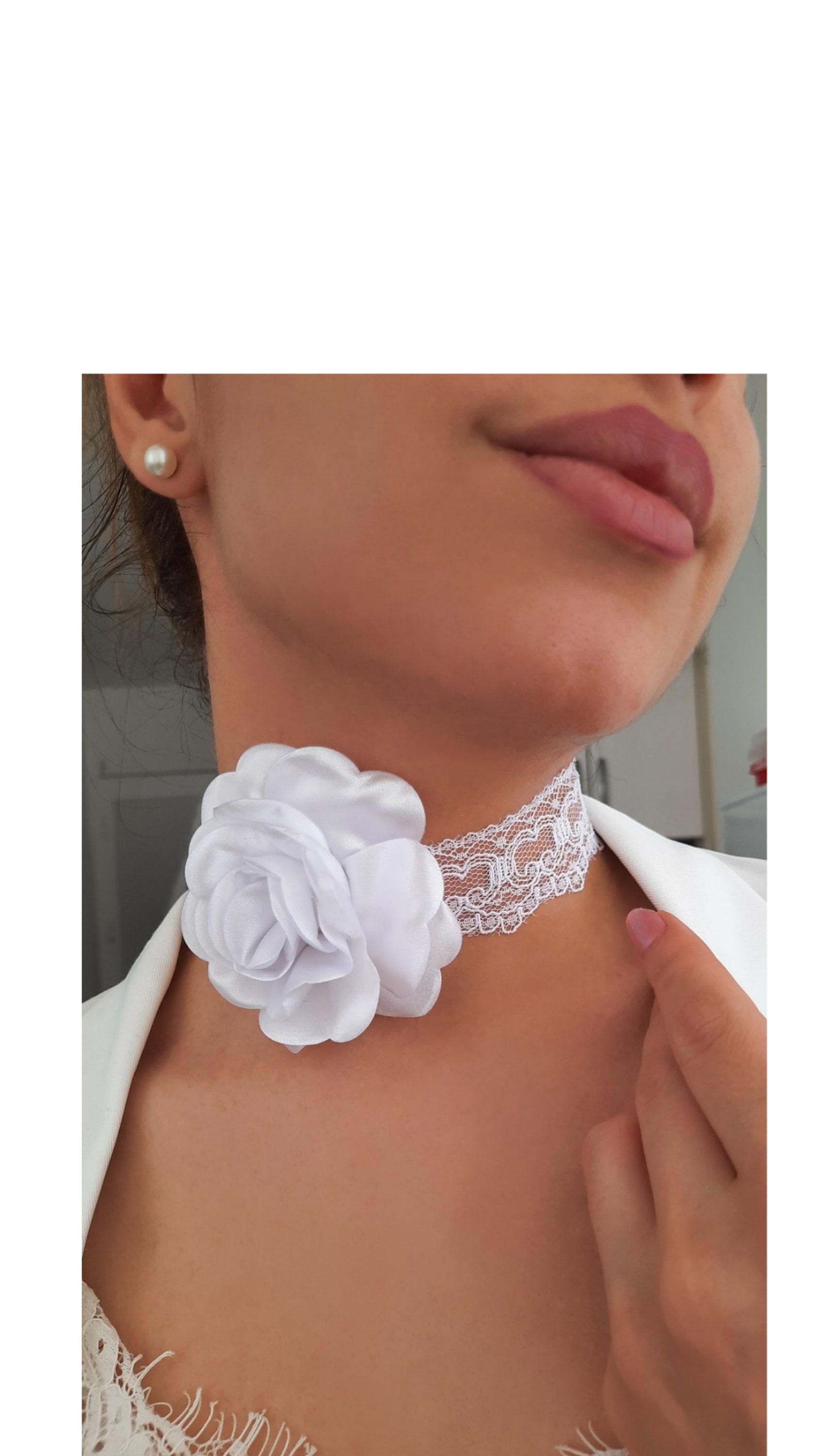 White Flower Choker Necklace , Chokers , Rose Choker