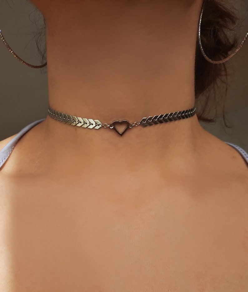 Silver Choker Necklace, Heart Necklace, Jewelry, Silver Plated, Stainless Steel image 2