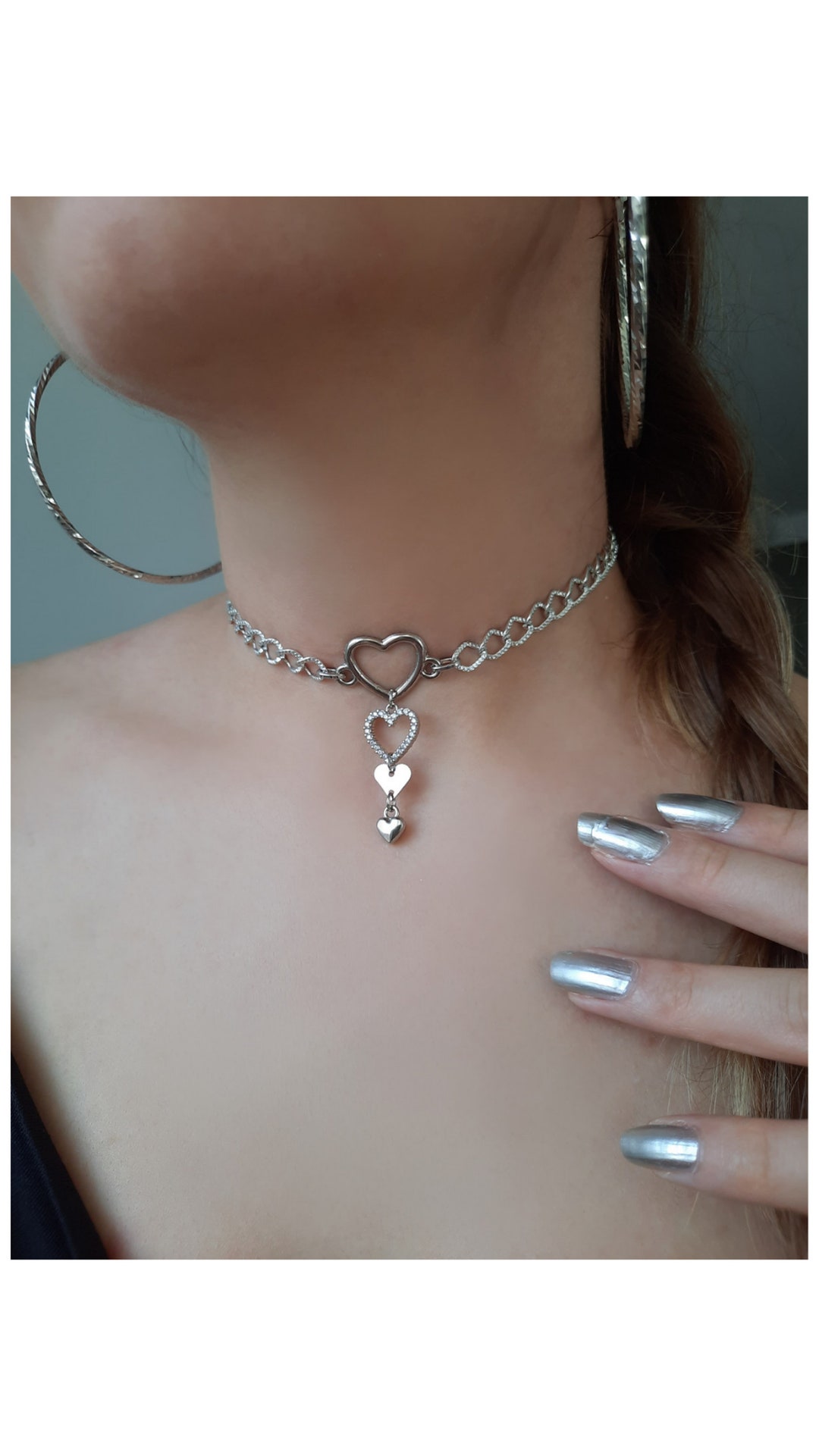 Silver Choker Heart Necklace , Chokers , Jewelry - Etsy
