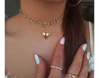 Gold Choker Necklace, Heart Necklace, Chokers, Jewelry