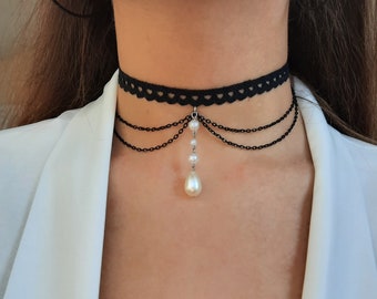 Schwarze Halskette, Halsbänder, Schmuck, Perle