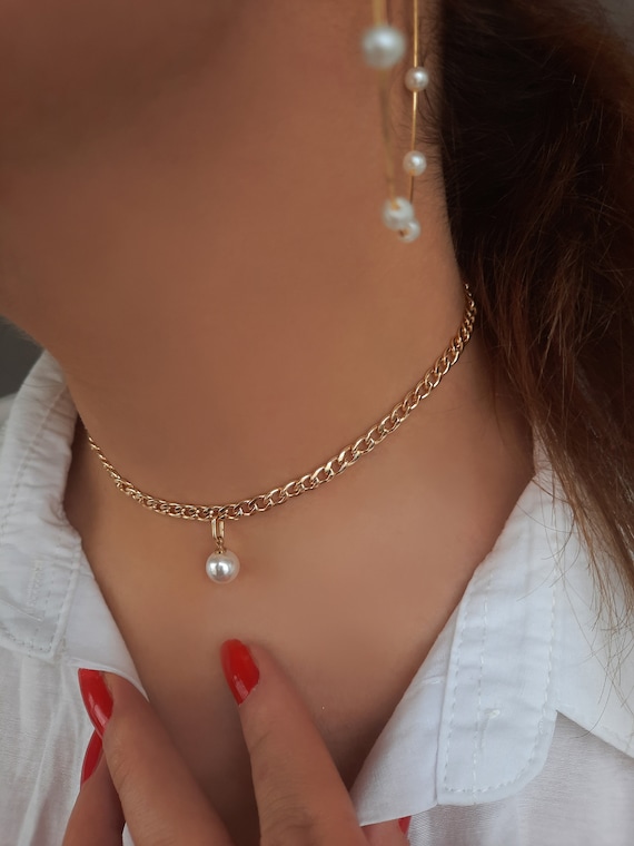 Gold Choker Perlenkette, Gold Halskette, Perlen Choker Halskette - Main Image