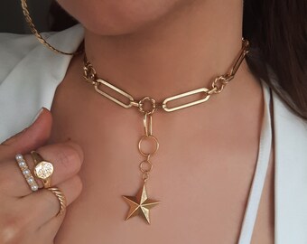 Gold Choker Star Necklace , Gold Choker Necklaces , Star Choker Necklace , Stainless Gold Choker , Jewelry