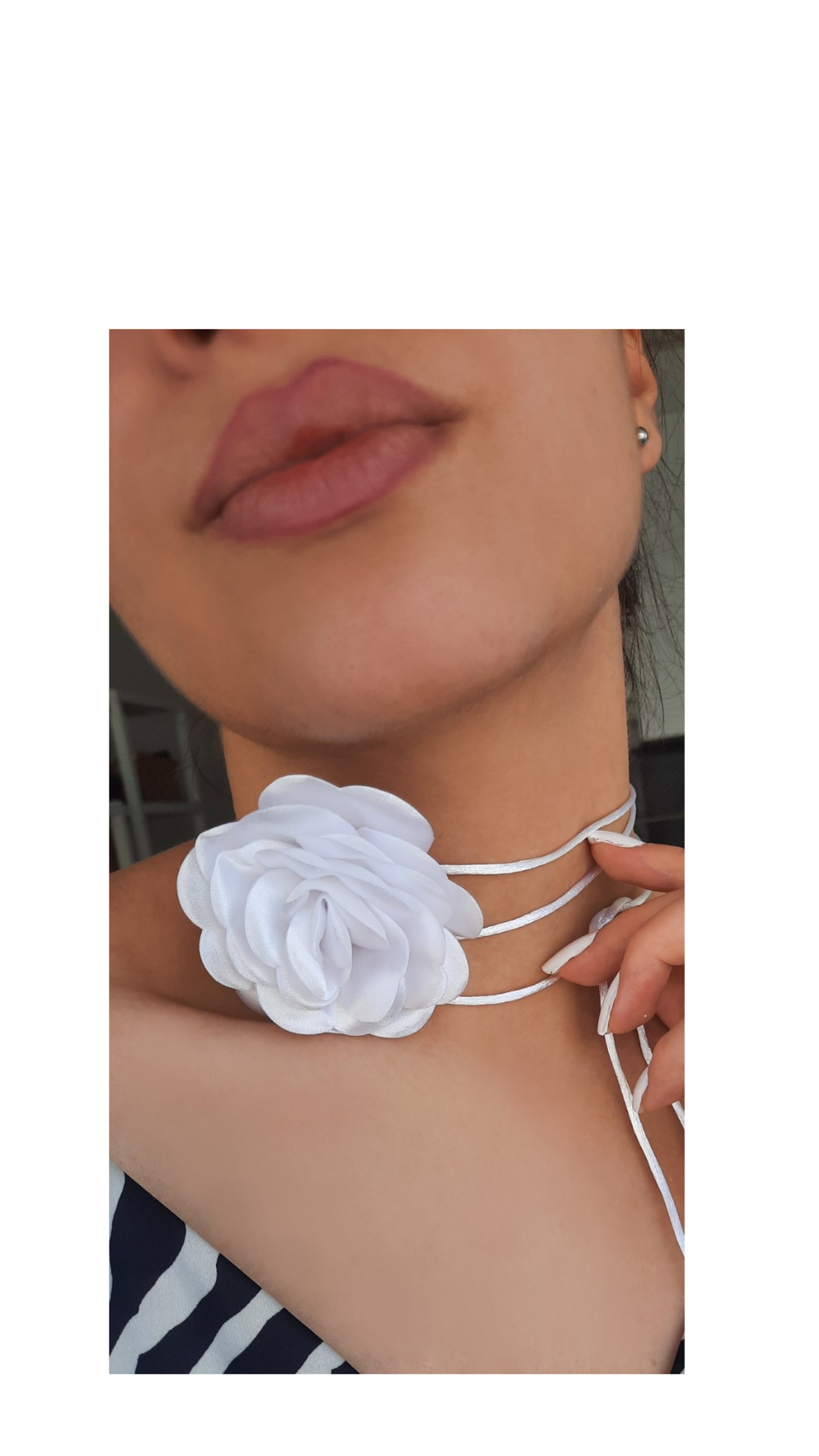 Flower Choker Necklace , White Rose Necklace , Choker