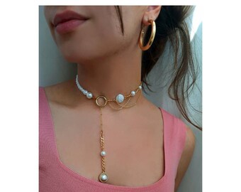 Gold Choker Pearl Necklace , Pearl Choker , Chokers , Jewelry , Gold Plated