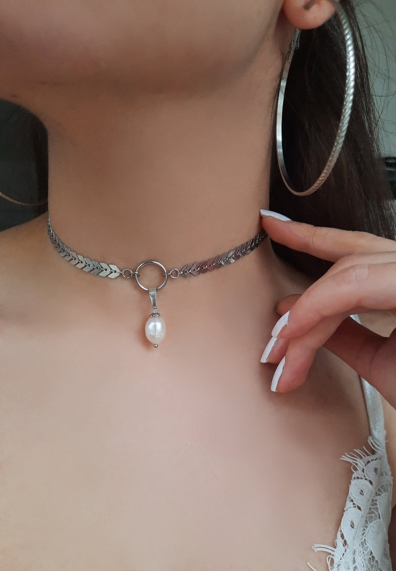 Silberne Choker-Perlenkette, Choker-Halskette, Chokers, pearl