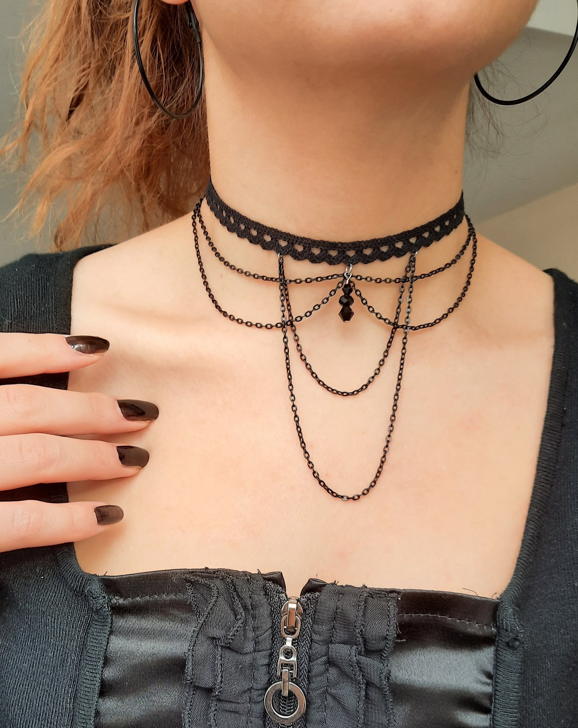 Lace Choker Necklace With Beads Chain Pendants Gothic Jewelry For Woman  Girl - Black