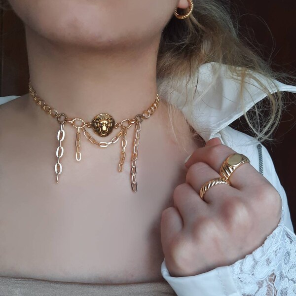 Gold-Choker-Halskette, Vintage-Schmuck, Halsreifen, Löwe-Halskette