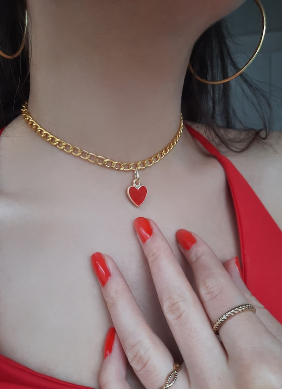 Heart Choker Red Necklace Choker Gold Choker Heart Necklace