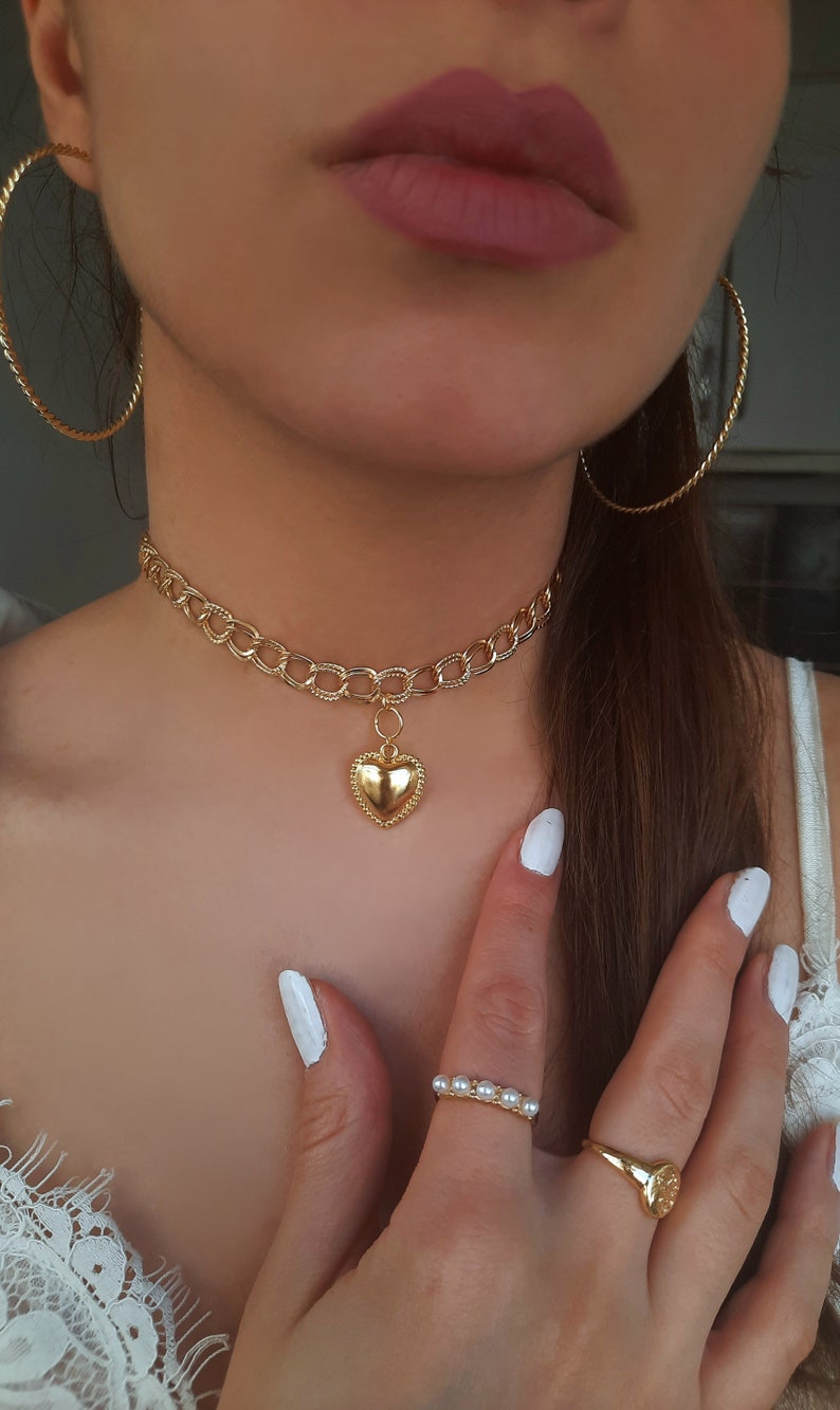 Silberne Choker-Perlenkette, Choker-Halskette, Chokers, gold heart