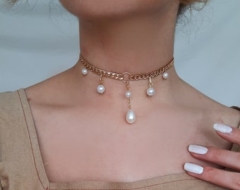 Gold-Choker-Perlen-Halskette, Halsreifen, Schmuck, Edelstahl