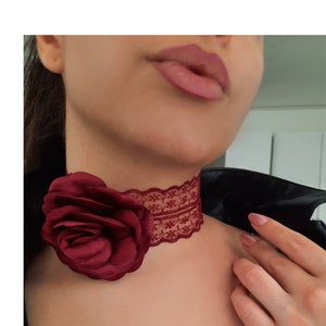 Flower Choker Necklace, Burgundy Rose Choker Necklaces, Chokers, Jewelry