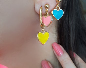 Gold Heart Earrings, 3 pieces Set, Multicolor