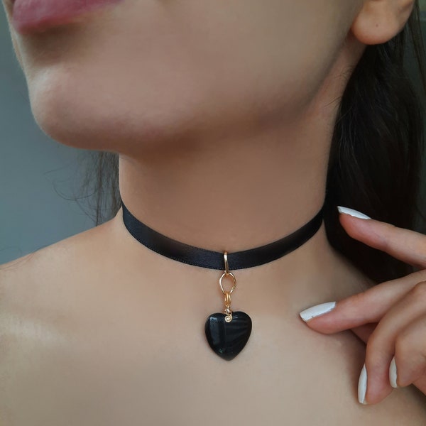 Black Choker Heart Necklace , Black Choker Necklace , Chokers , Chokers Necklaces , Onyx Necklace , Onyx Gemstone Necklace , Jewelry