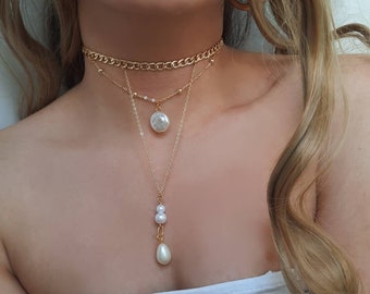 Gold Choker Necklace , Pearl Necklace , Pearl Choker , Chokers , Jewelry , Gold Plated