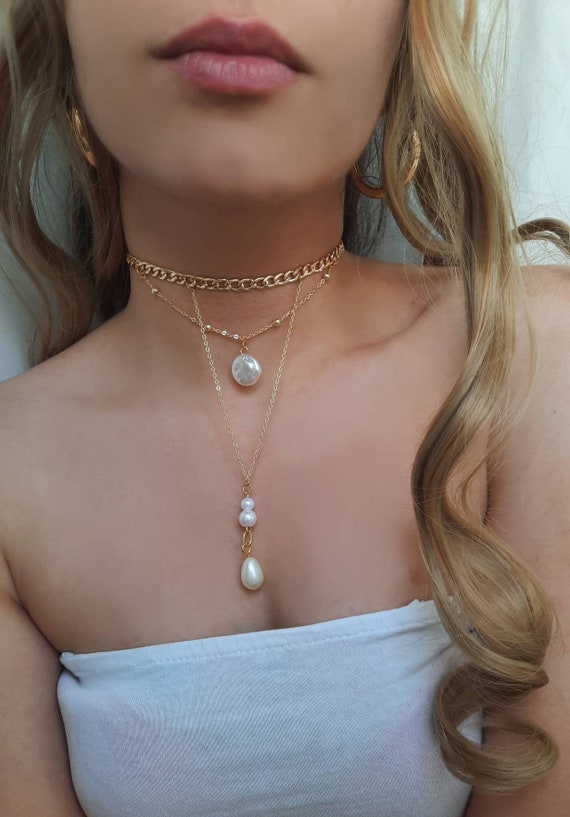 Gold Choker Necklace , Pearl Necklace , Pearl Choker , Chokers , Jewelry ,  Gold Plated 