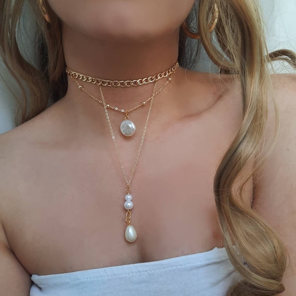 Gold Choker Necklace , Pearl Necklace , Pearl Choker , Chokers , Jewelry , Gold Plated