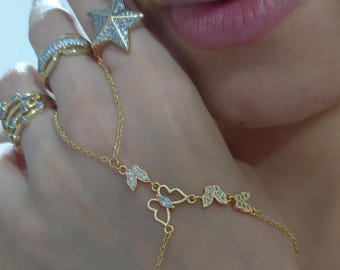 Bracelet de main papillon plaqué or 14 carats, Chaîne de main en or, Chaîne de main en strass, Chaînes de main en or, Bracelet papillon