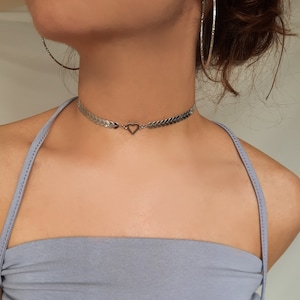 Silver Choker Necklace, Heart Necklace, Jewelry, Silver Plated, Stainless Steel silver heart