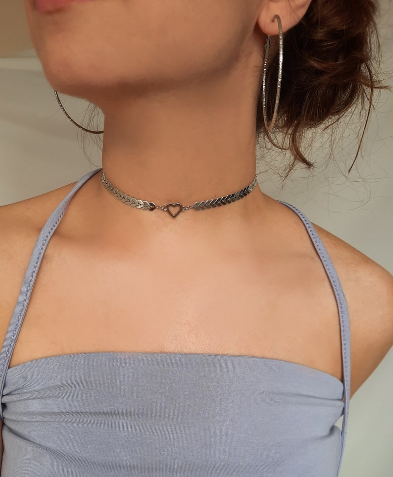 Silver Choker Necklace, Heart Necklace, Jewelry, Silver Plated, Stainless Steel silver heart