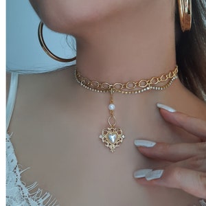 Pearl Choker Vintage Necklace, Heart Necklace, Choker Necklaces, Chokers, Gold Necklace