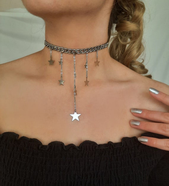 Silver Choker Necklace ,Star Necklace , Jewelry, Stainless Steel