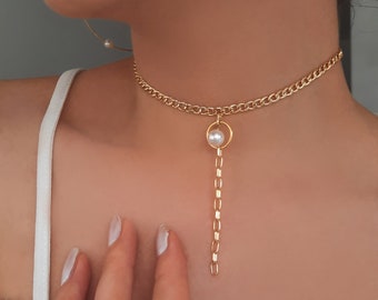 Gold Choker Pearl Necklace , 14K Gold Necklace ( gold plated ) , Gold Choker Necklace , Chokers , Choker Necklaces , Jewelry for woman