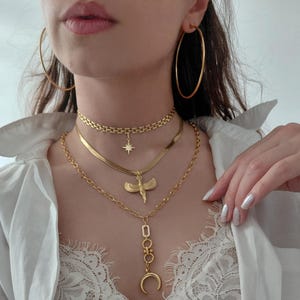 Halsbandsset med halvmåne i lager, stapelbart halsband 3 delar, guldfärgat halsband med flera strängar, halsband med flera lager i guld, 14K guldpläterat