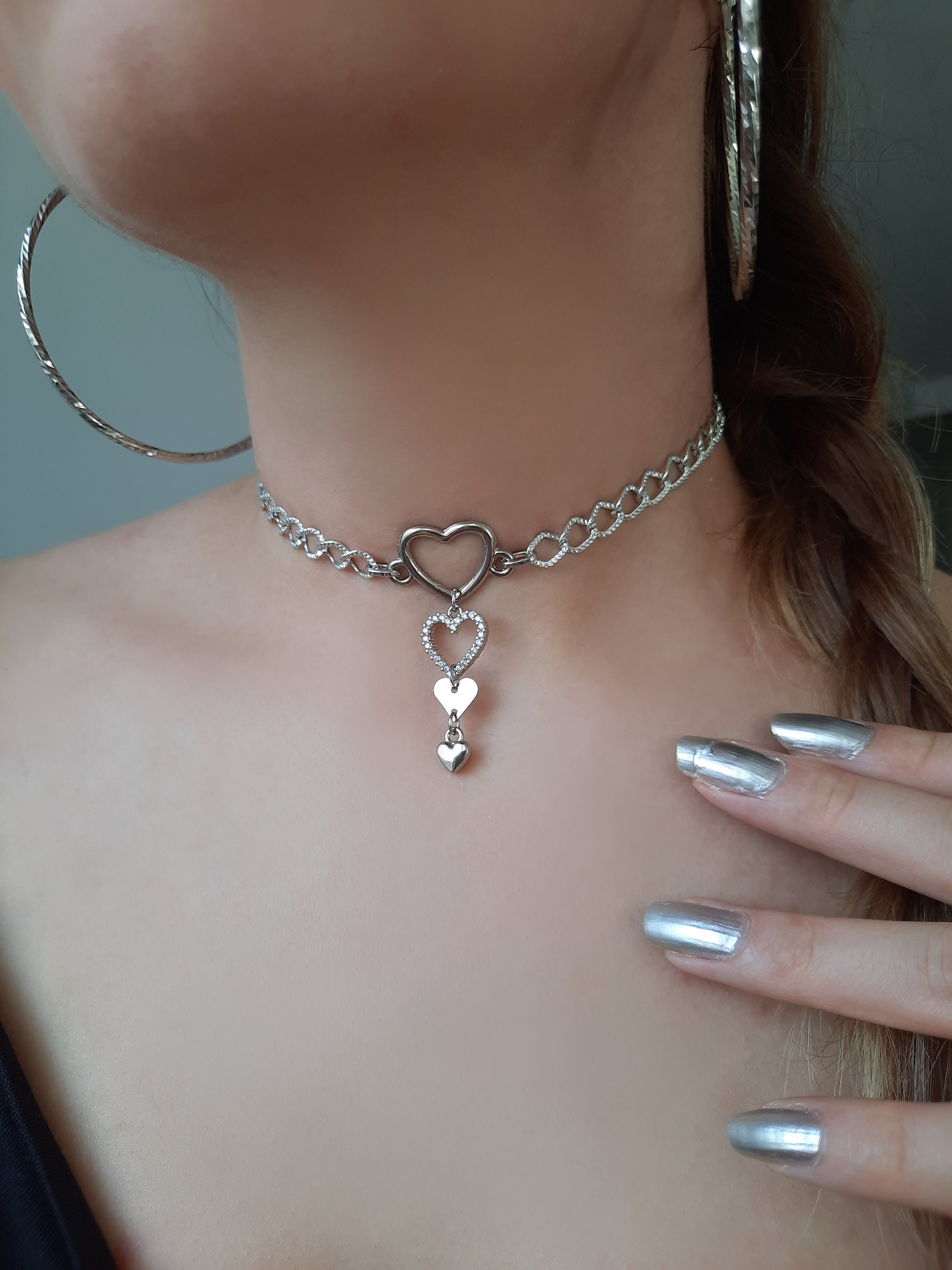 Silver Choker Heart Necklace , Chokers , Jewelry - Etsy