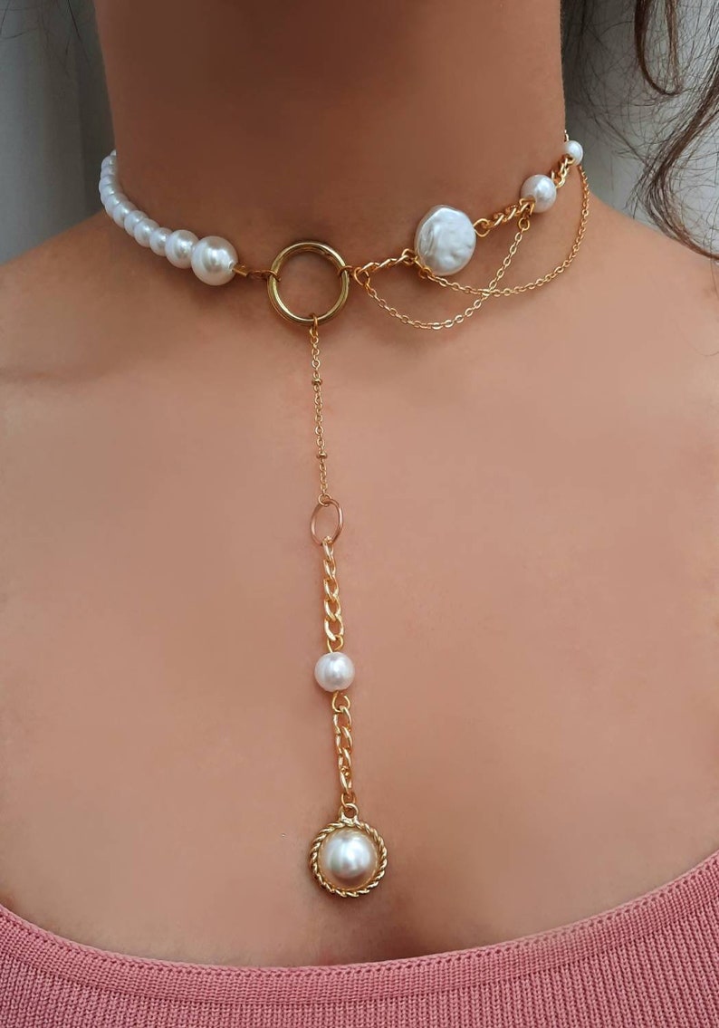 Gold Choker Pearl Necklace , Pearl Choker , Chokers , Jewelry , Gold Plated image 3