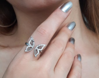 Zircon Butterfly Ring , Rhinestone Butterfly Ring , Silver Butterfly Ring , Silver Rings , Adjustable Size, Rings for woman , Stainless