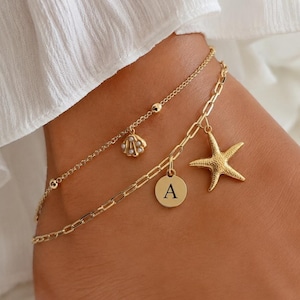 Waterproof 14k Gold Starfish anklet SET(gold plated), Gold initial anklet , Anklet with letter , personalized jewelry , Summer jewelry