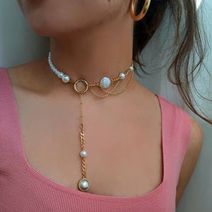 Gold Choker Pearl Necklace , Pearl Choker , Chokers , Jewelry , Gold Plated image 2