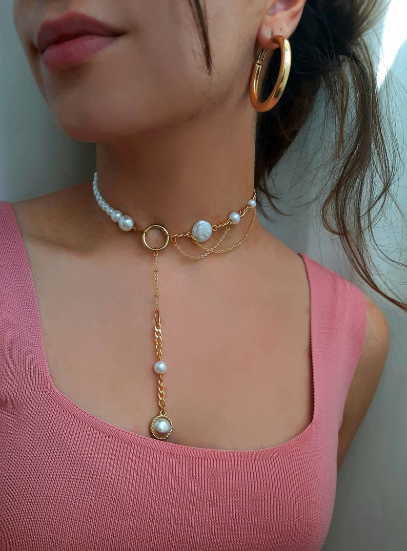 Gold Choker Pearl Necklace , Pearl Choker , Chokers , Jewelry , Gold Plated image 2