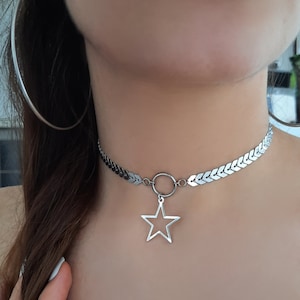 Silver Choker Necklace, Heart Necklace, Jewelry, Silver Plated, Stainless Steel silver star