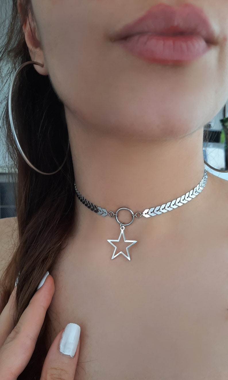 Silver Choker Necklace, Heart Necklace, Jewelry, Silver Plated, Stainless Steel silver star