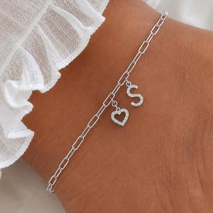 Rostfritt silver fotlänk med hjärta, Silver initial fotlänk, silver fotlänk med bokstav, Hjärtfotlänk, Anpassad fotlänk, Personliga smycken