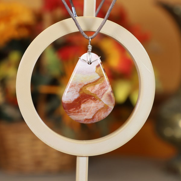 Unknown Jasper Freeform Pendant - Unique pastel colors on this unique picture jasper - wire wrapped bail and genuine leather necklace